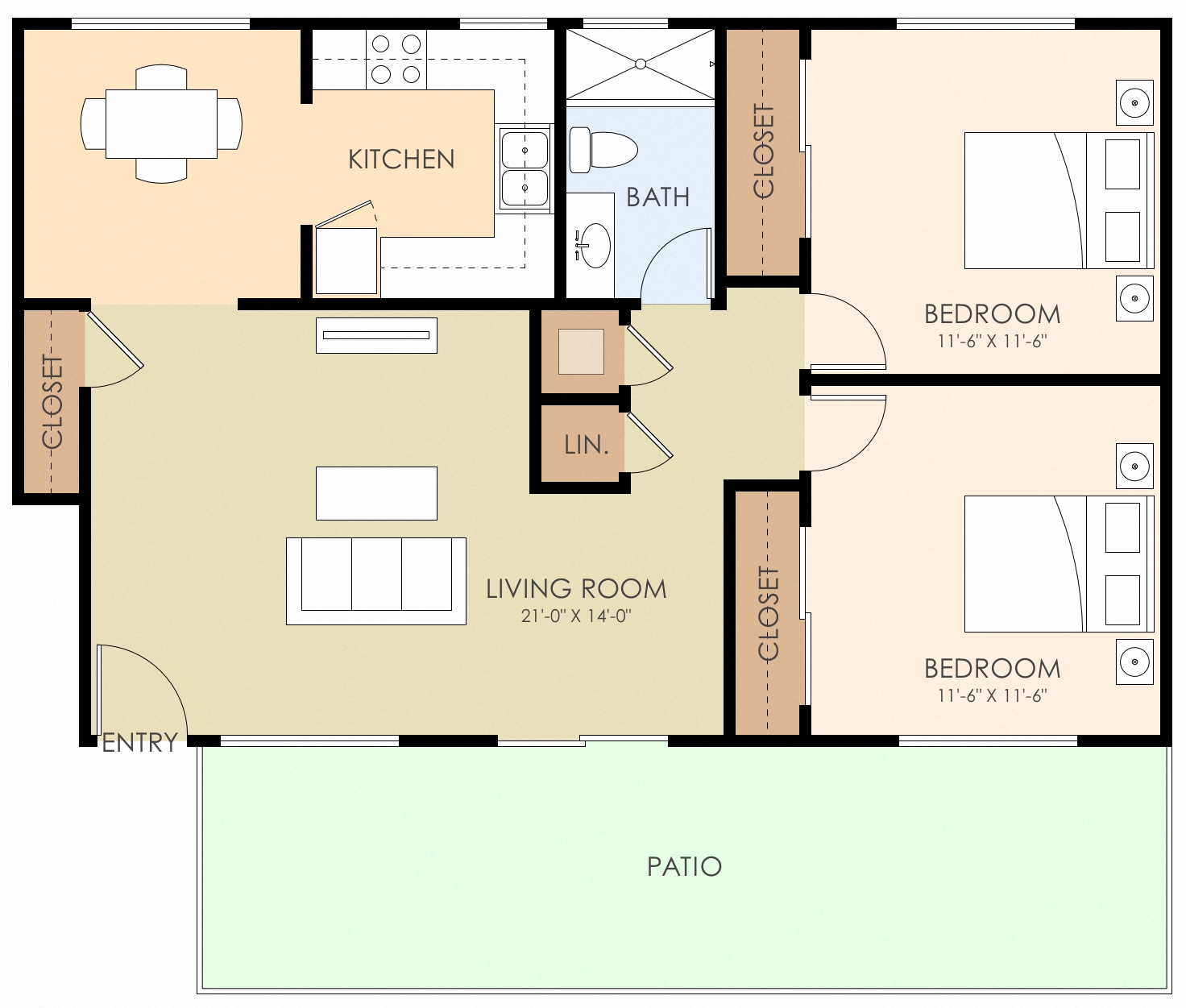 Floor plan for 2 beds, 1 bath, 1000 sqft
